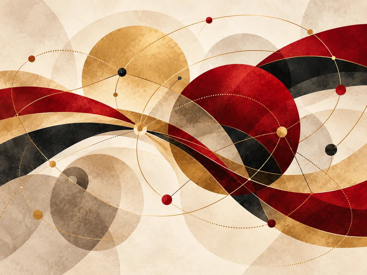 Crimson, gold, and black ribbons weaving through a field of circles and small connected nodes.