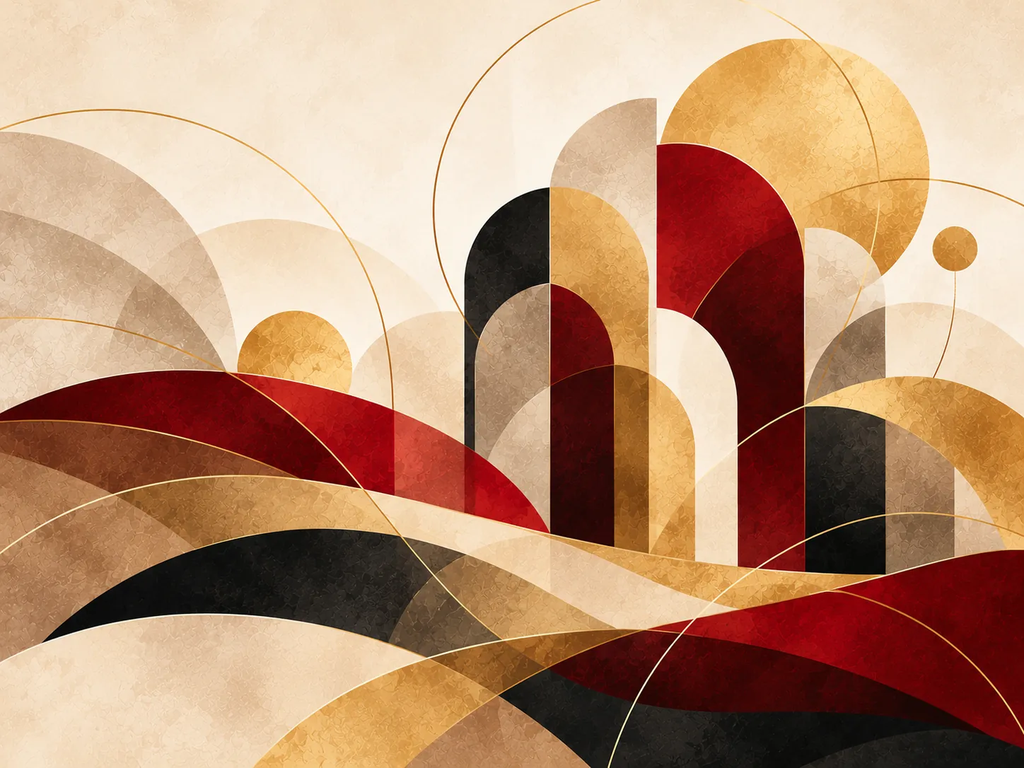 Arched crimson, gold, and black shapes like a row of rooftops, with ribbons flowing beneath and a golden sun above.