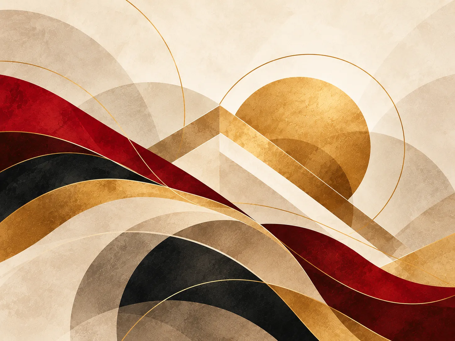 Crimson, gold, and black ribbons flowing toward a peaked roofline under a golden sun.