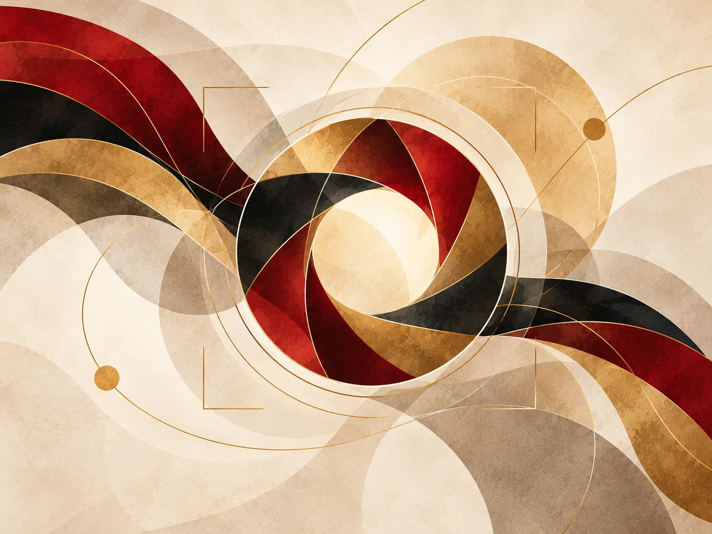Crimson, gold, and black ribbons curling into a circular aperture, framed by fine gold corner marks.