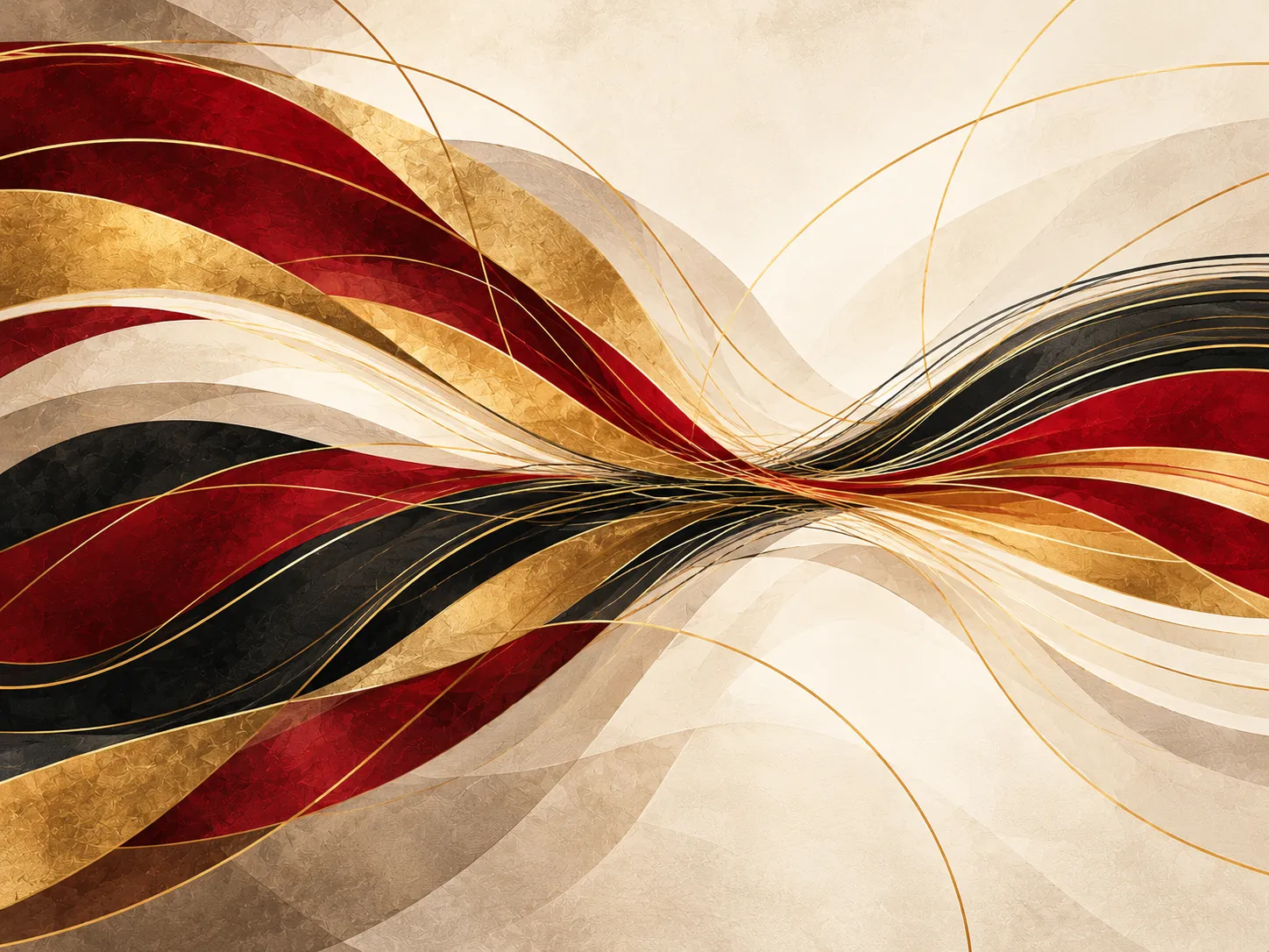 Many crimson, gold, and black strands sweeping in from the left and converging into one central flow.