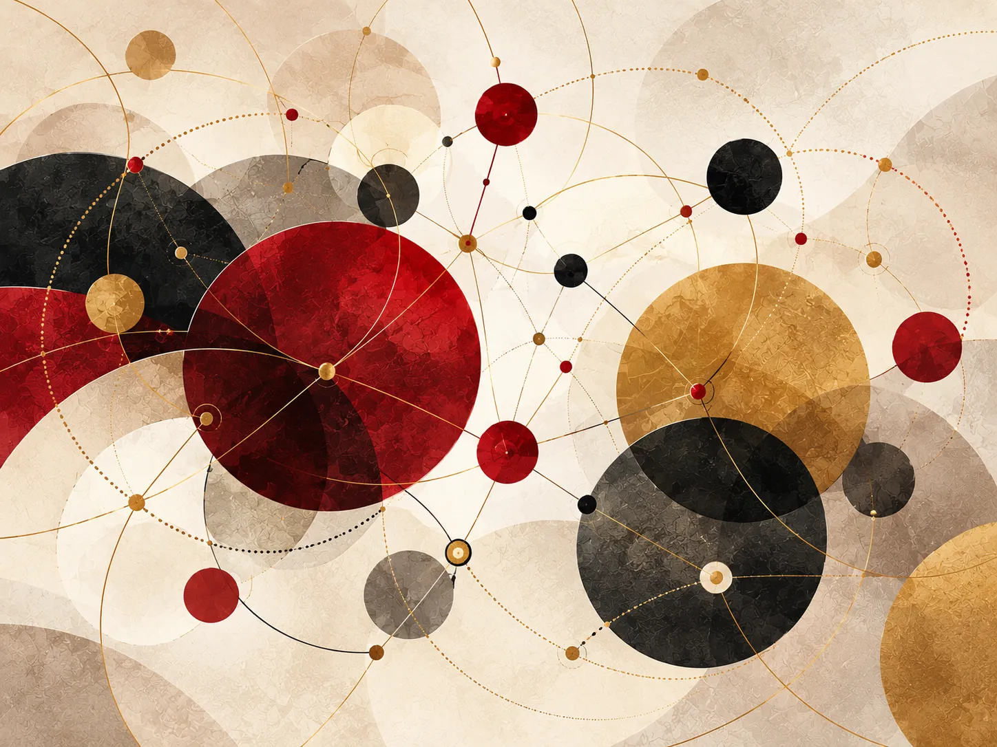 Overlapping crimson, gold, and black circles joined by fine gold lines, like nodes in a network.