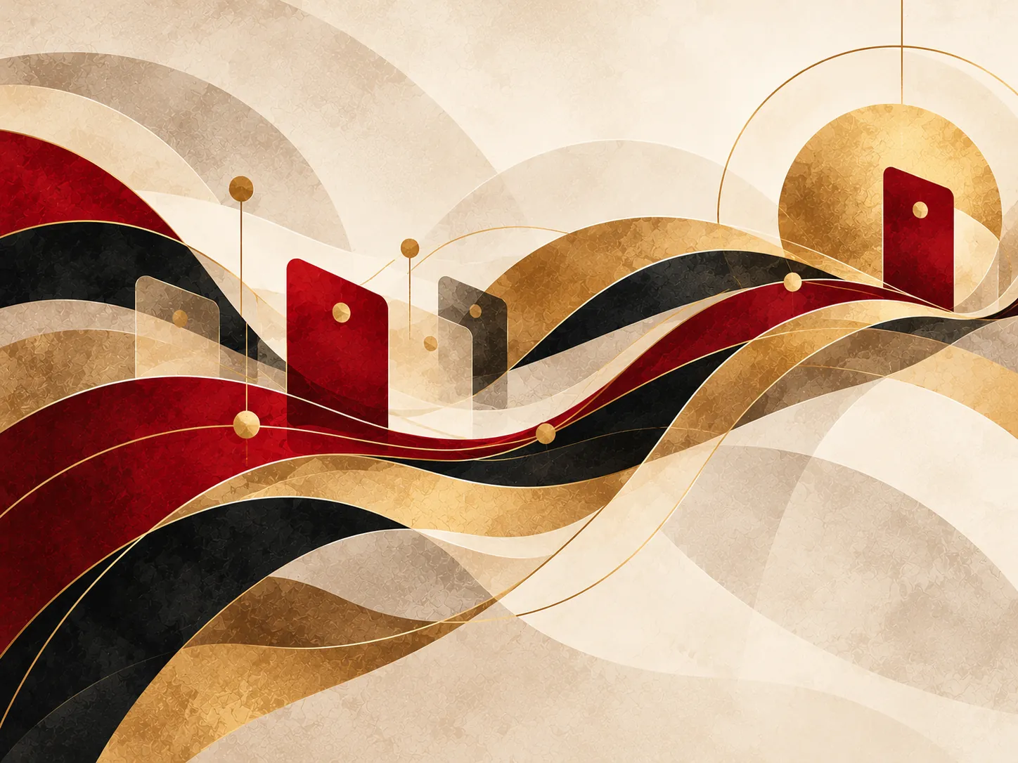 Crimson, gold, and black ribbons flowing past a row of small tags and a golden sun.